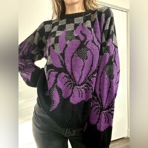 Vintage Spunky Floral Checkered Sweater - Purple and Black Made in USA
